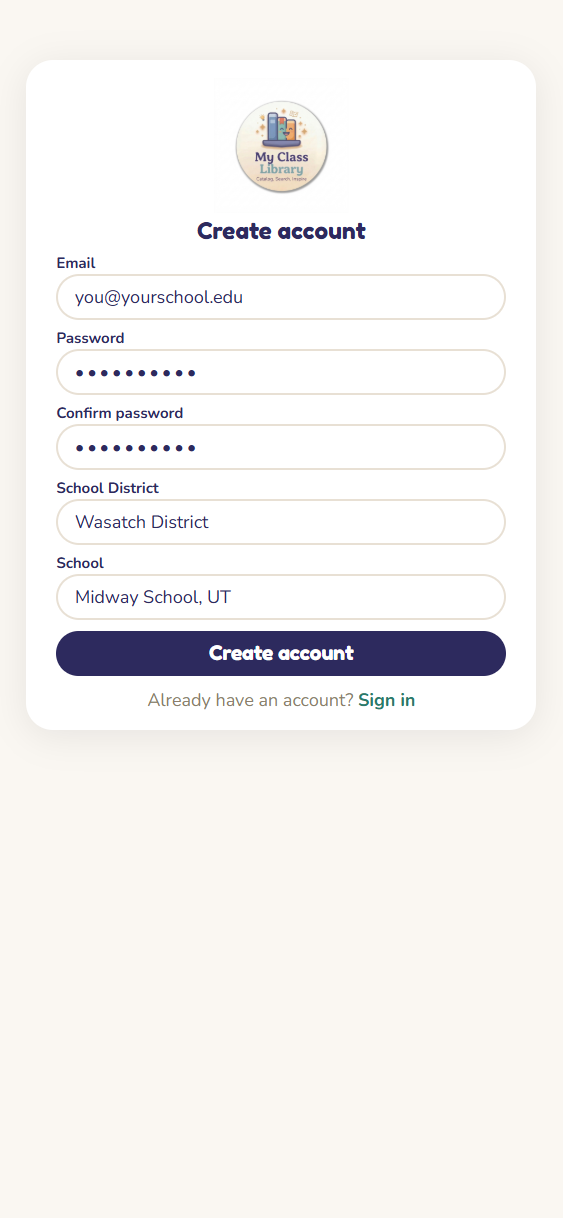 Create account screen